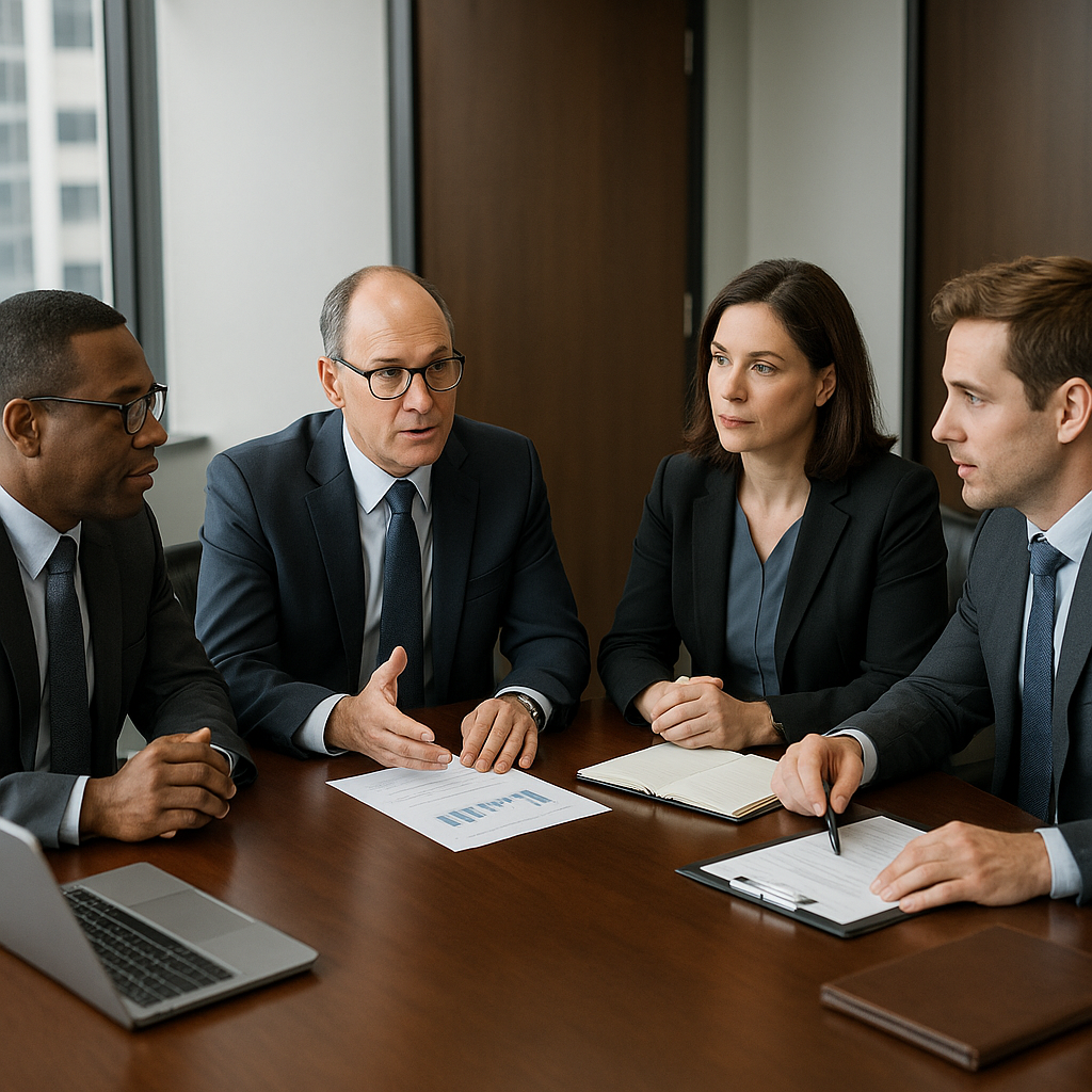 CPA, banker, attorney, and broker meeting about a business sale plan in Atlanta.