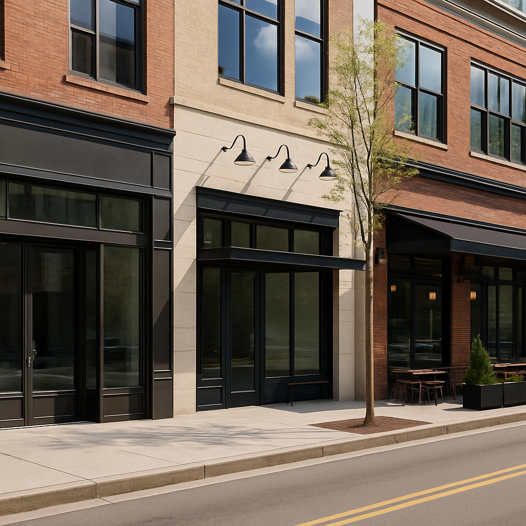 Retail or restaurant owner reviewing lease documents with an advisor in Atlanta.