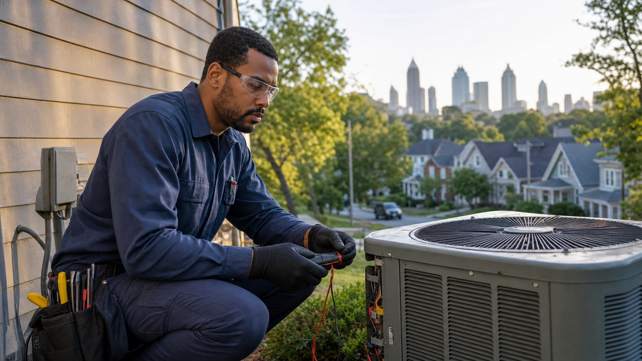 HVAC technician servicing an outdoor air conditioning unit in Metro Atlanta