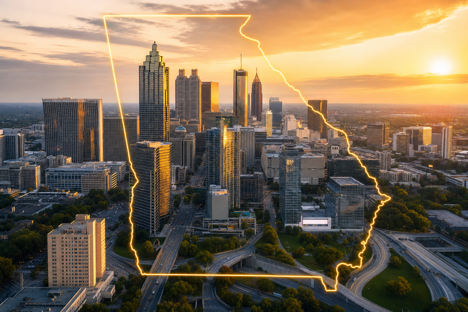 Aerial view of Atlanta Georgia skyline at golden hour with the Georgia state outline overlaid in gold.