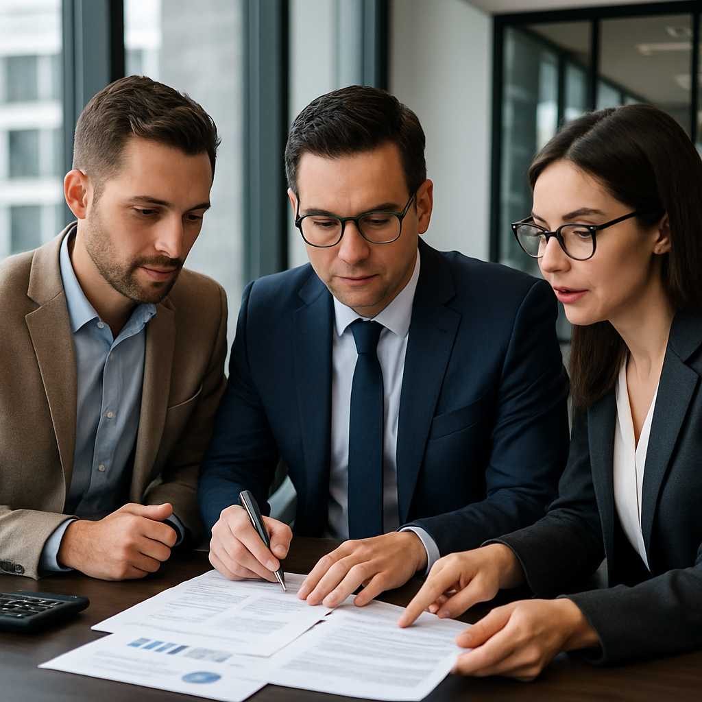Buyer, banker, and broker discussing financing for a Georgia business acquisition.