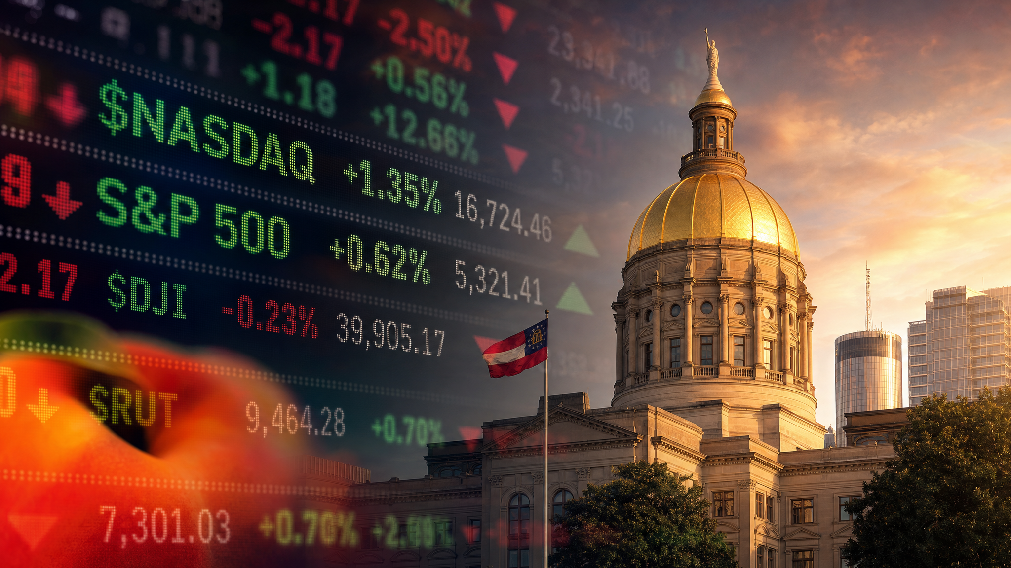 Georgia State Capitol dome with stock market tickers — Georgia tax cuts and business value.
