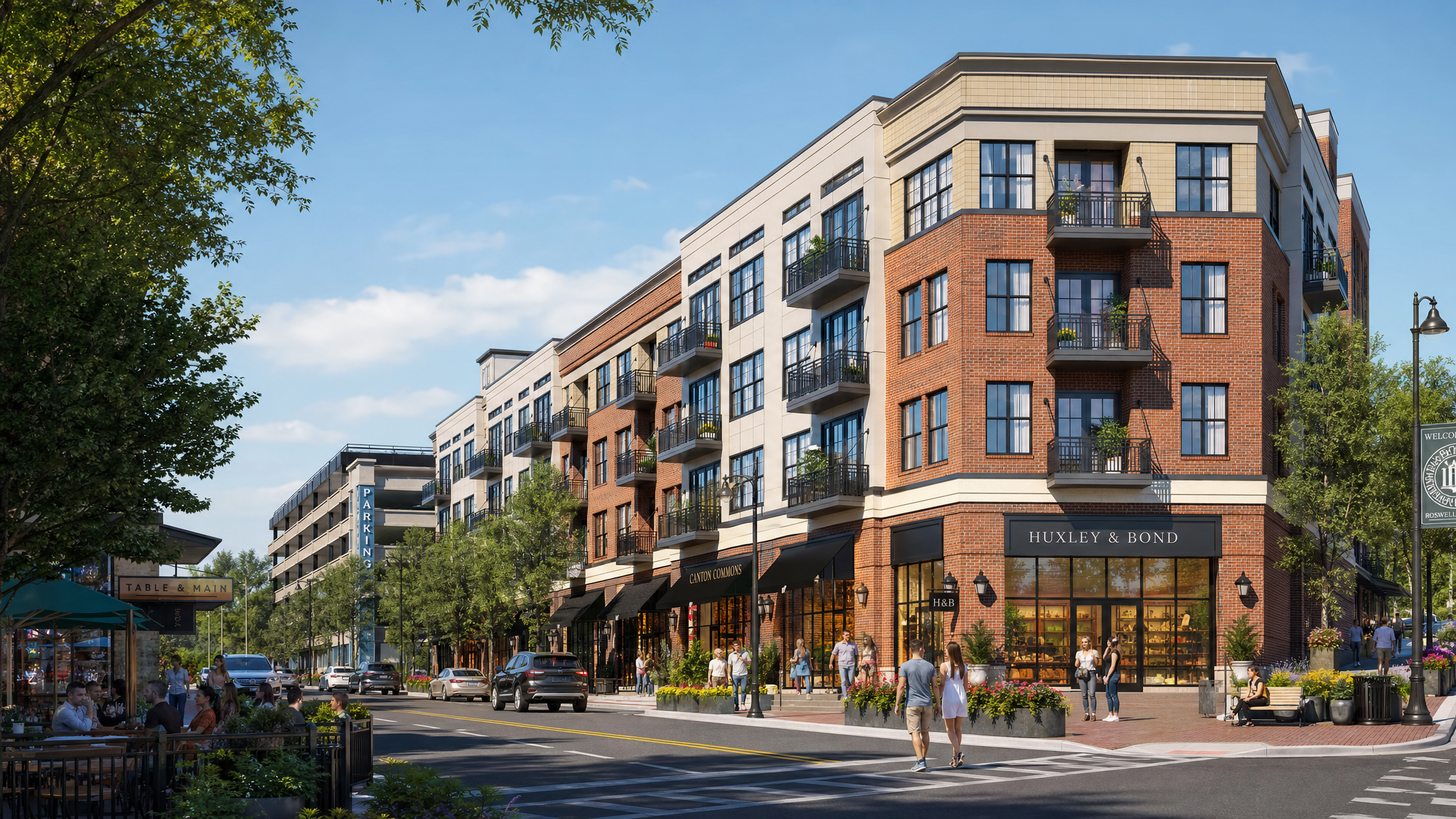 Aerial rendering of the Hillrose Market mixed-use development in downtown Roswell, Georgia.