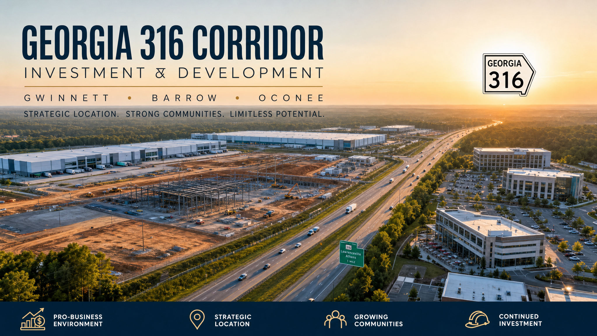 SR 316 corridor development interest across Gwinnett, Barrow, and Oconee Counties, Georgia.