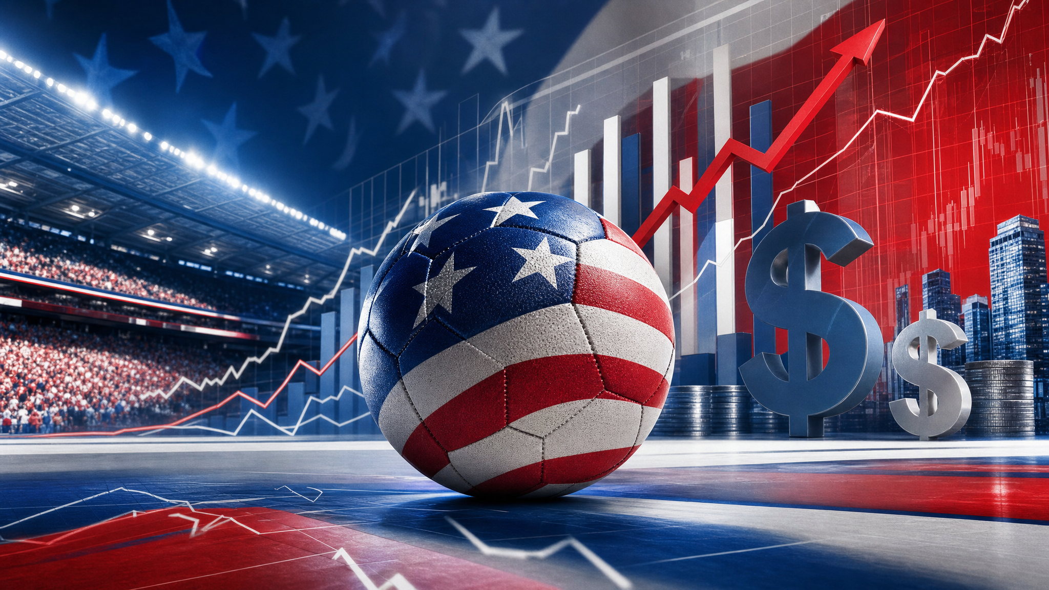 American soccer ball with US flag design surrounded by economic charts and stadium lights, World Cup 2026.